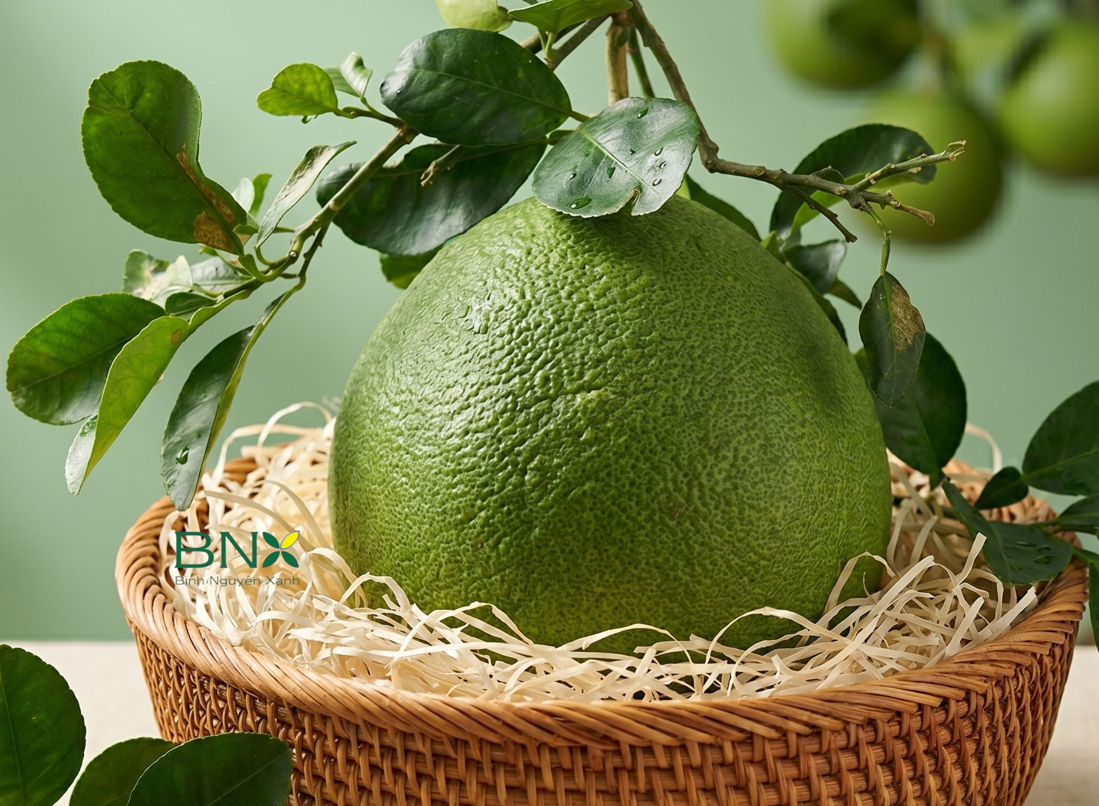 bưởi da xanh miền tây đặt trong 1 rổ